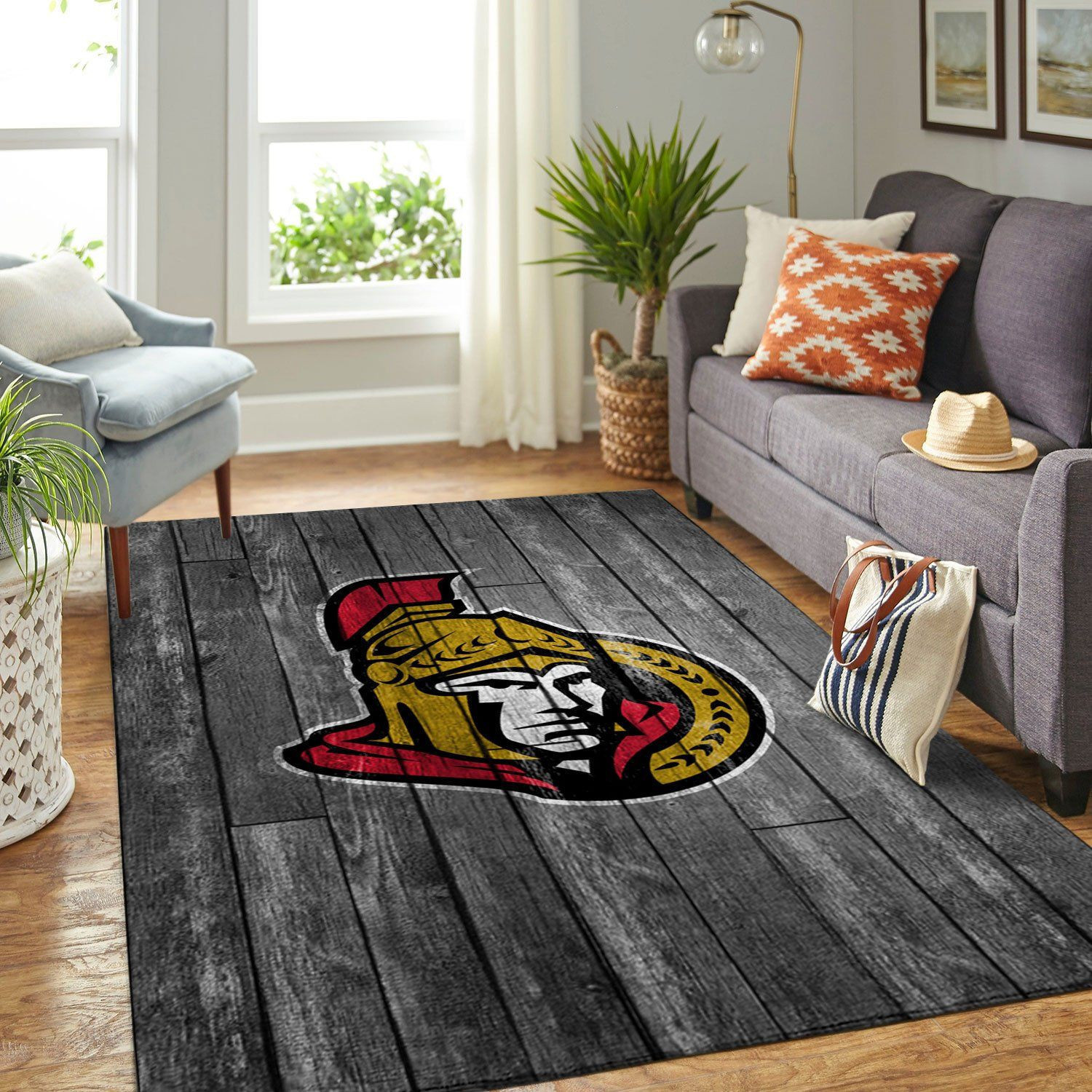 Ottawa Senators Team Logo Grey Wooden Rectangle Area Rug – Full Print Carpet For Living Room & Bedroom Home Decor