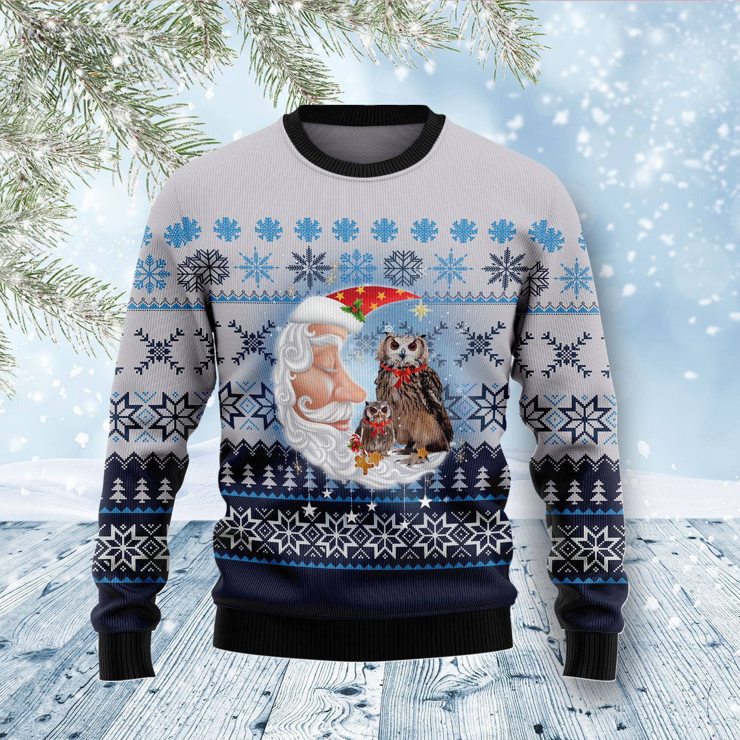 Owl Love Santa Moon Ugly Christmas Sweater, Perfect Holiday Gift