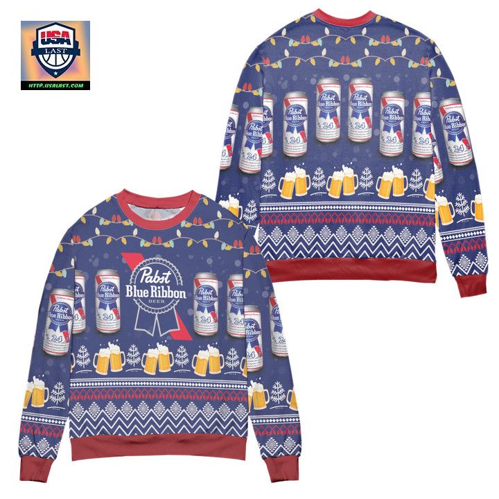 Pabst Blue Ribbon Beer Lights And Snow Ugly Christmas Sweater Blue