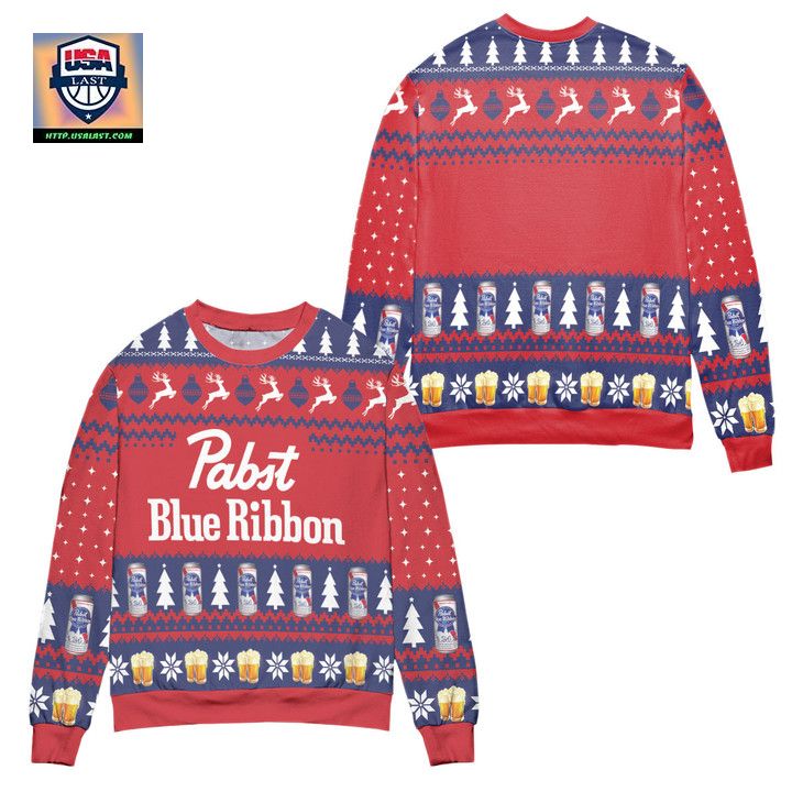 Pabst Blue Ribbon Beer Pine Tree Reindeer Pattern Ugly Christmas Sweater Red