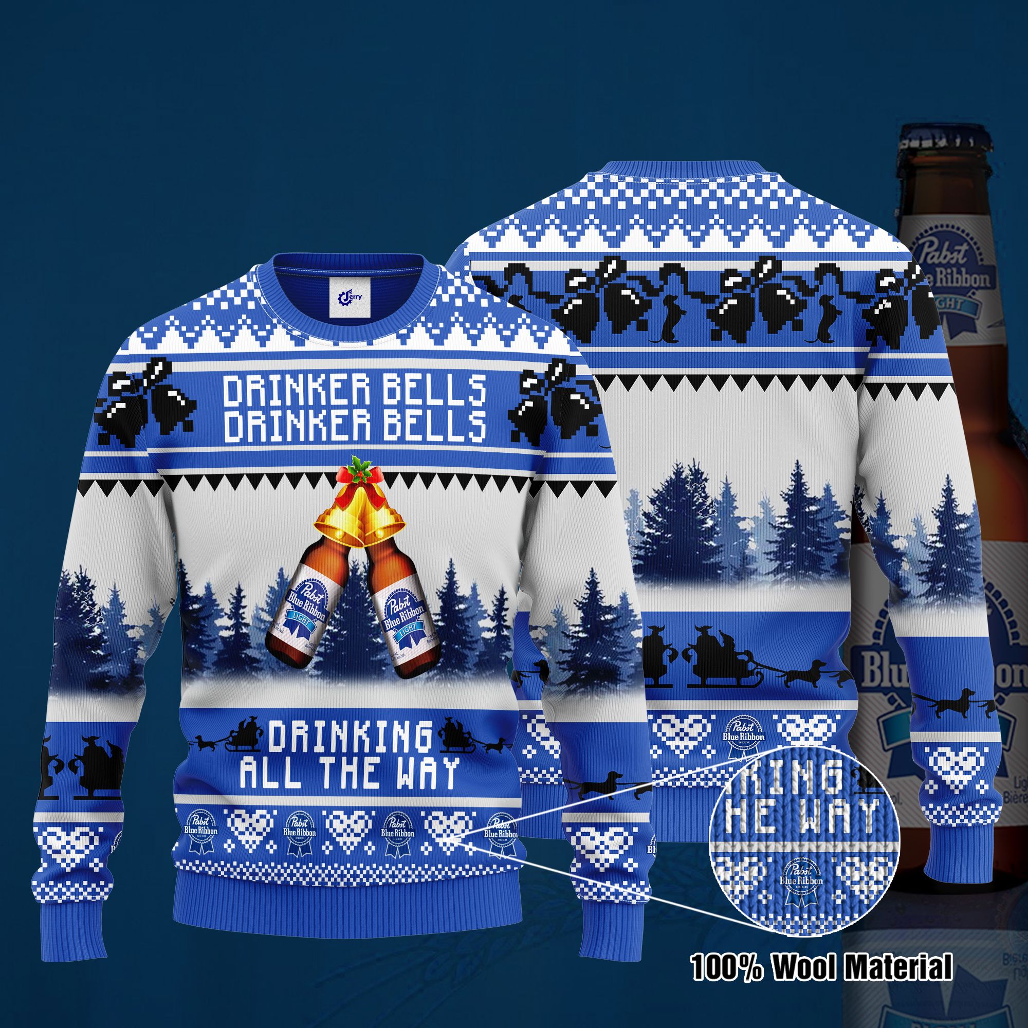Pabst Blue Ribbon Drinker Bells Drinker Bells Drinking All The Way Ugly Christmas Sweater, Hoodie, Zip Hoodie, Bomber Jacket