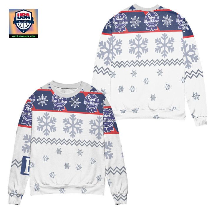 Pabst Blue Ribbon Snowflake Pattern Ugly Christmas Sweater White