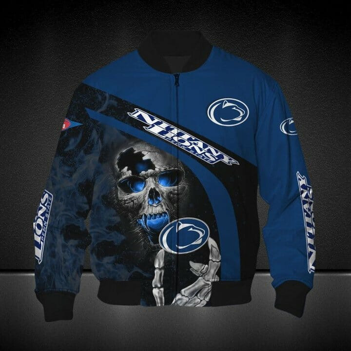 Penn State Nittany Lions Blue Black Skull Bomber Jacket | NCAA College Team Jacket for Men & Women | Sports Fan Gift