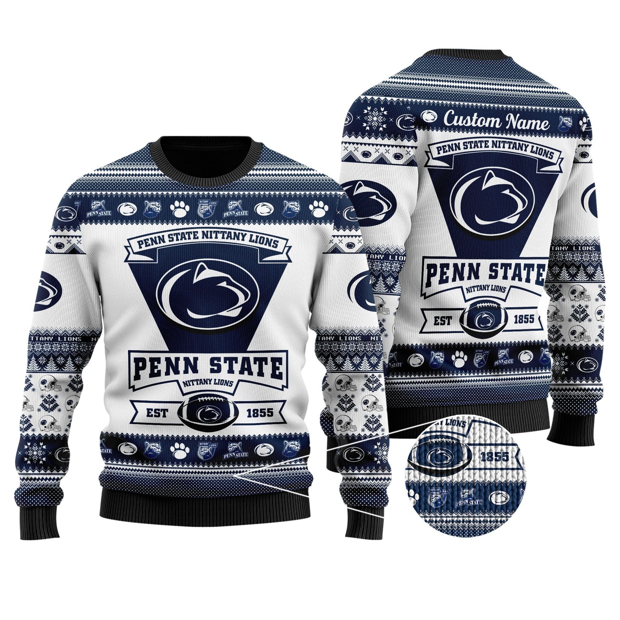Penn State Nittany Lions Football Team Logo Custom Name Personalized Ugly Christmas Sweater Holiday Party Men Women Plus Size