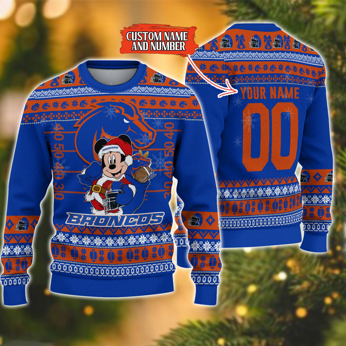 Personalized Boise State Broncos Mickey Ugly Christmas Sweater,