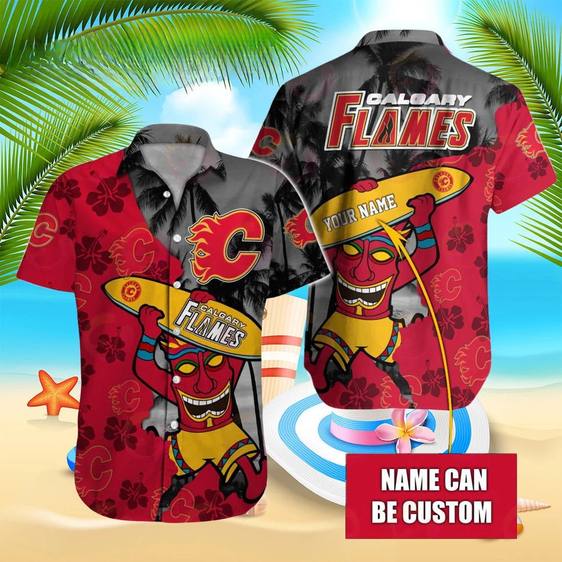 Personalized Calgary Flames Tiki Surf Aloha Hawaiian Shirt for Men & Women