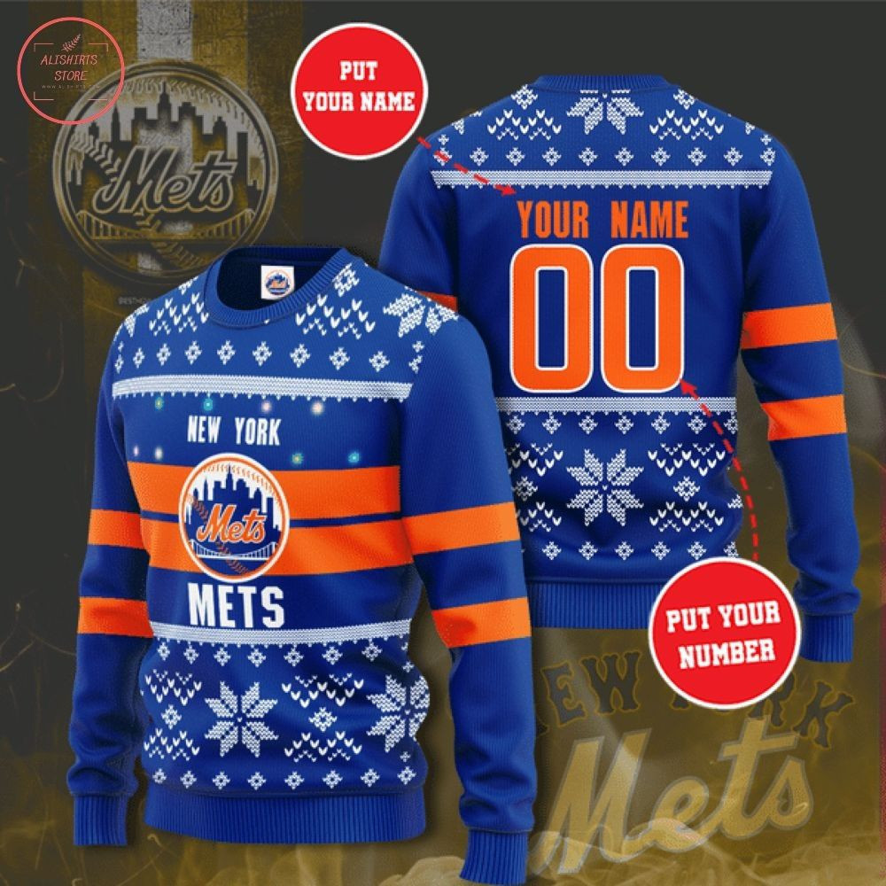 Personalized Custom Name And Number New York Mets Christmas For Fans Ugly Christmas Sweater,