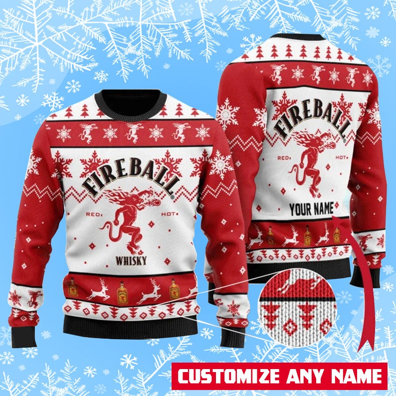 Personalized Fireball Whisky Ugly Christmas Sweater
