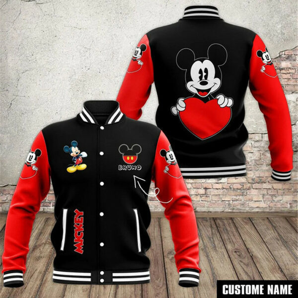 Personalized Mickey Mouse With Heart Disney Baseball Jacket for Men & Women | Cartoon Fan Gift