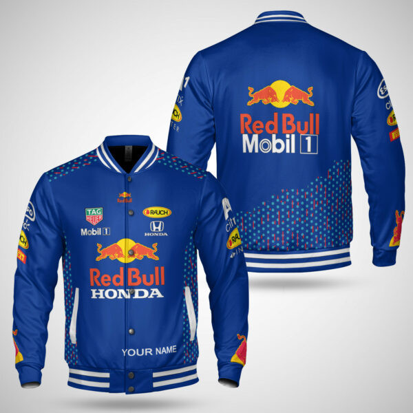 Personalized Name Mobil Red Bull Honda F1 Team Baseball Jacket for Men & Women | Vehicle Brand Fan Gift