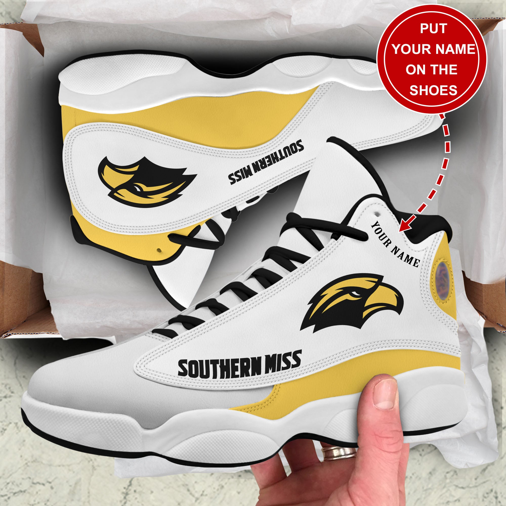 Personalized Southern Miss Golden Eagles JD13 Sneakers Shoes for Men & Women | Custom Fan Gift