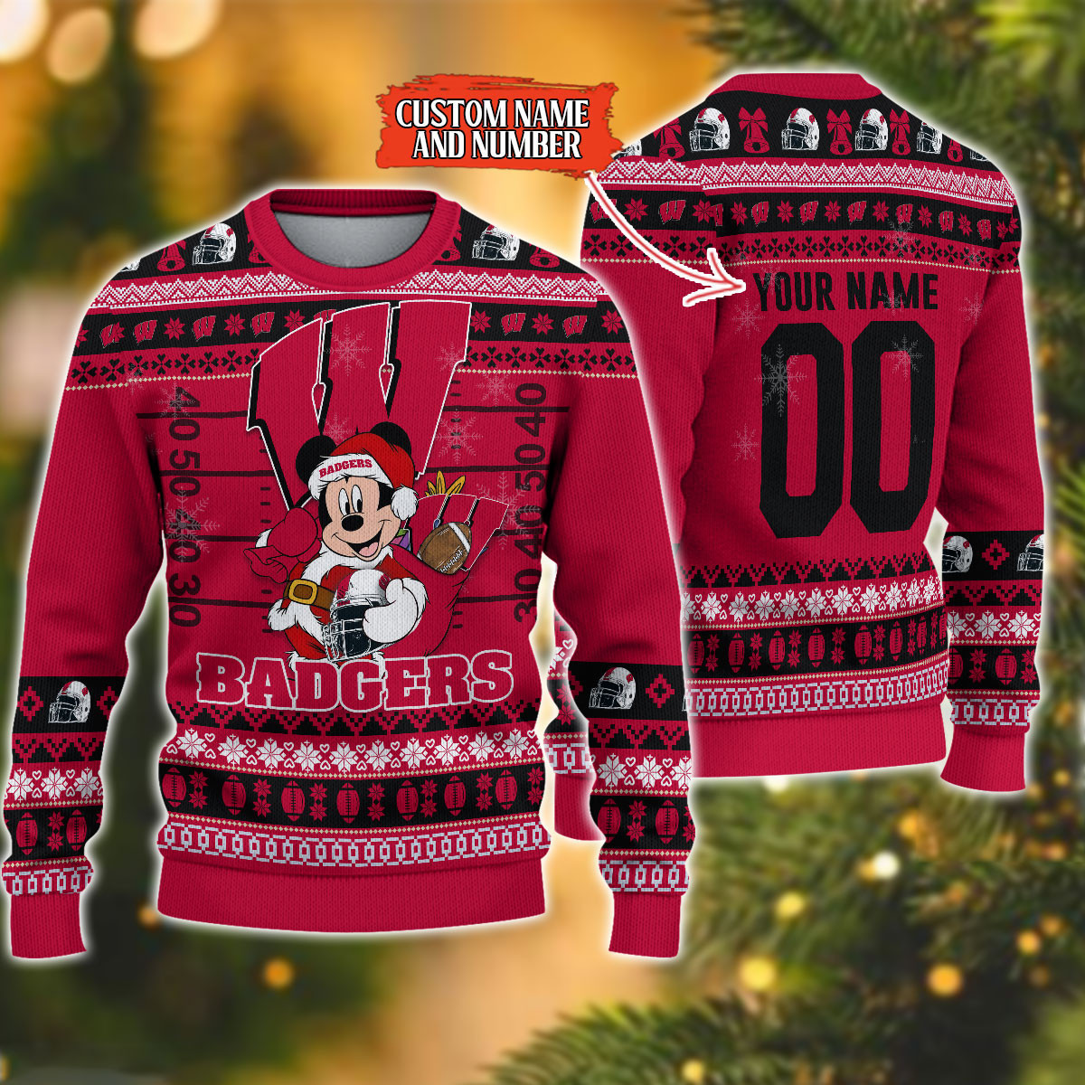 Personalized Wisconsin Badgers Mickey Ugly Christmas Sweater,