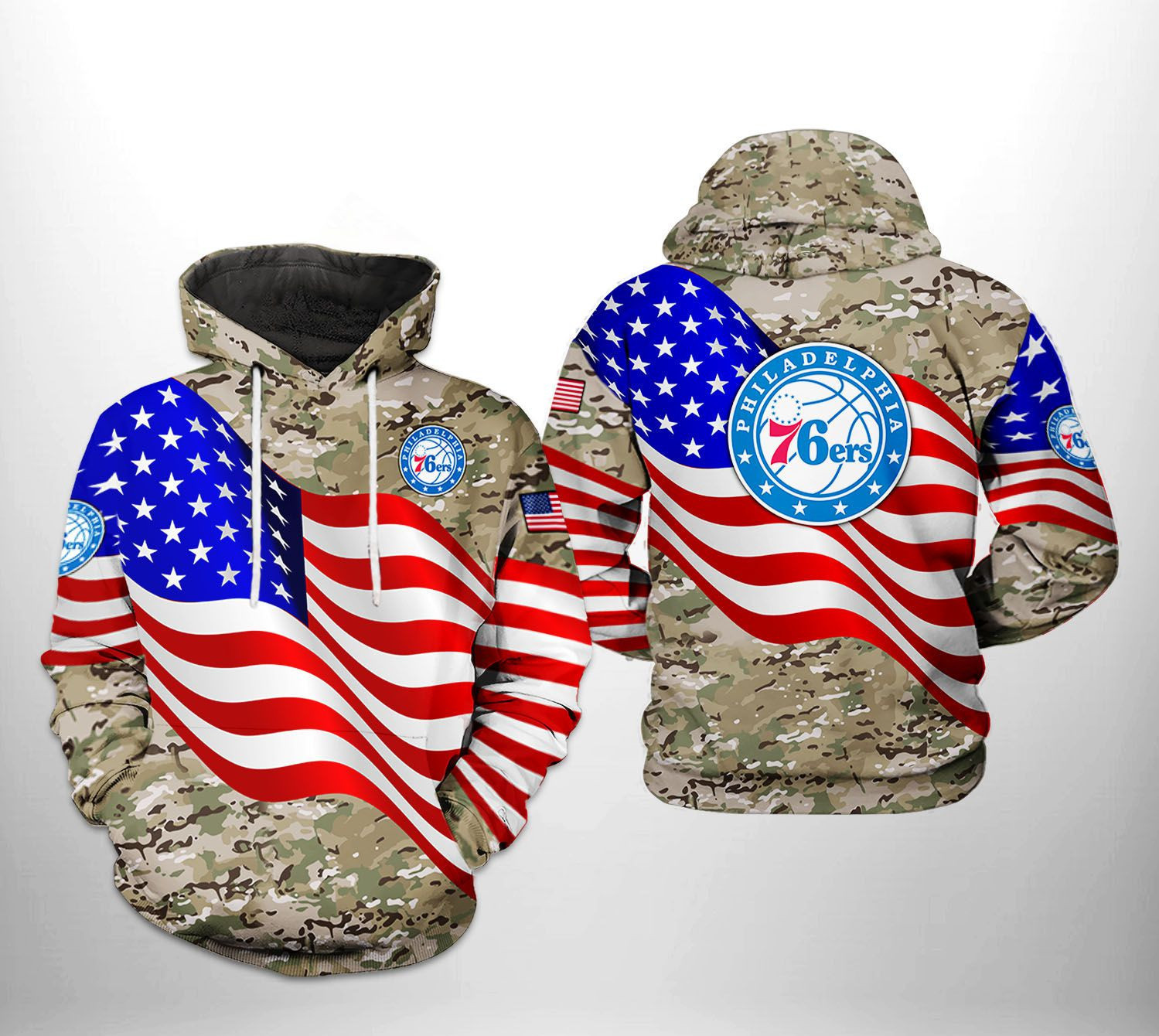 Philadelphia 76ers NBA US Flag Camo Veteran Team 3D All Over Print Hoodie & Zip Hoodie