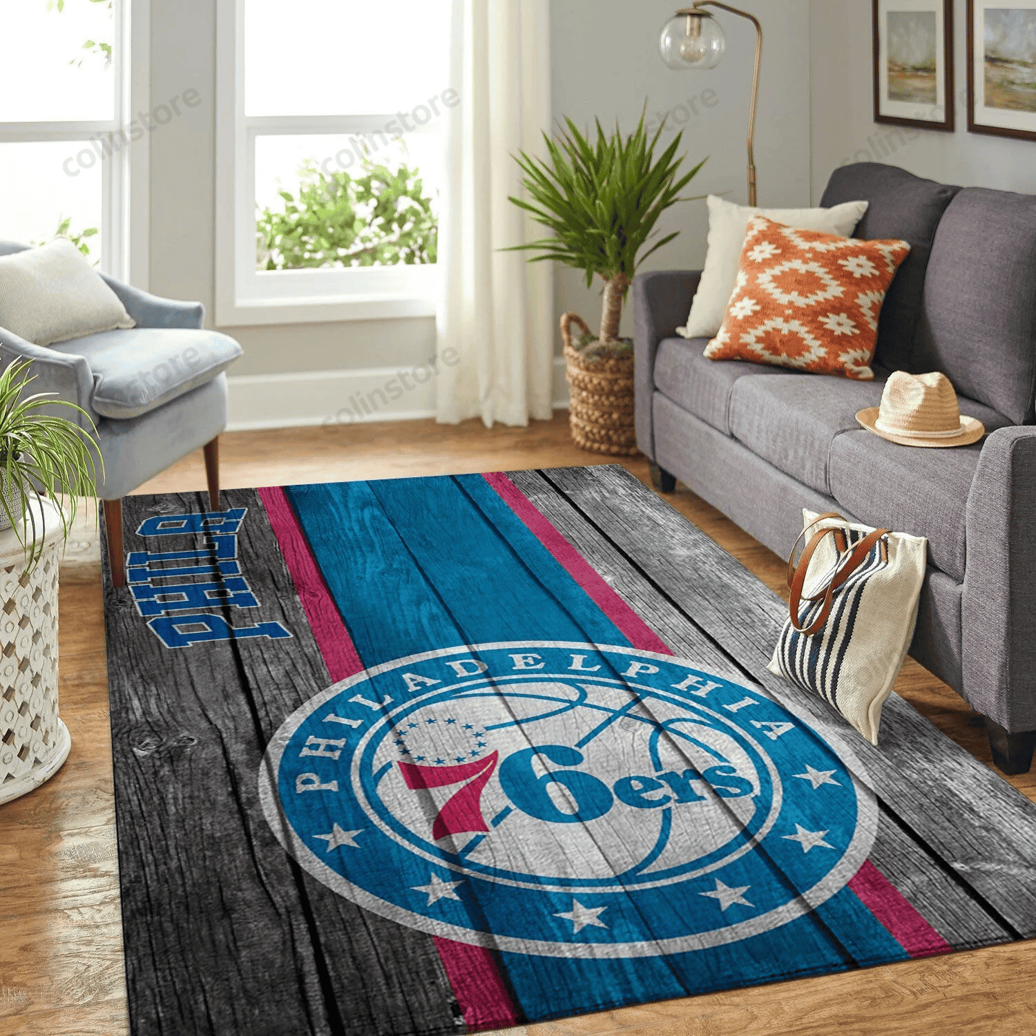 Philadelphia 76ers Team Logo Wooden Rectangle Area Rug – Full Print Carpet For Living Room & Bedroom Home Decor