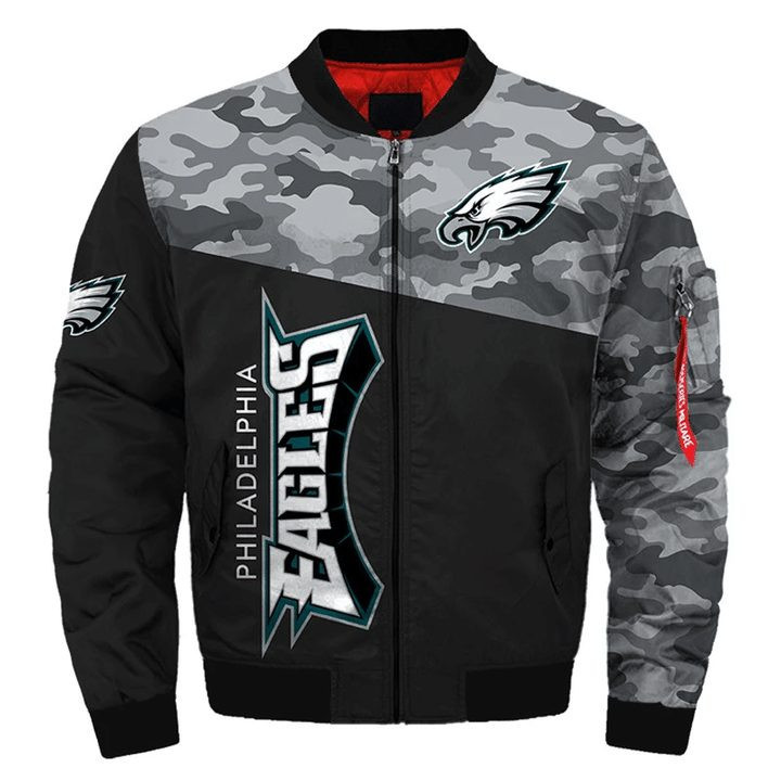 Philadelphia Eagles Black Camo Bomber Jacket | NFL Team Jacket for Men & Women | Football Fan Gift