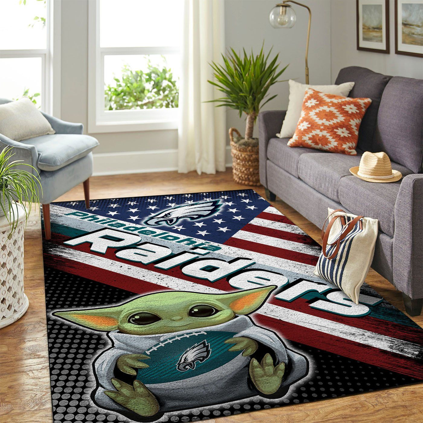 Philadelphia Eagles Team Logo Baby Yoda Us Rectangle Area Rug – Full Print Carpet For Living Room & Bedroom Home Decor