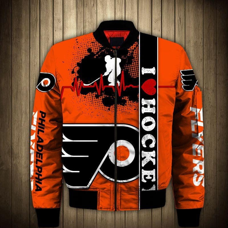 Philadelphia Flyers Orange Black Heart Beats Bomber Jacket | NHL Team Jacket for Men & Women | Hockey Fan Gift