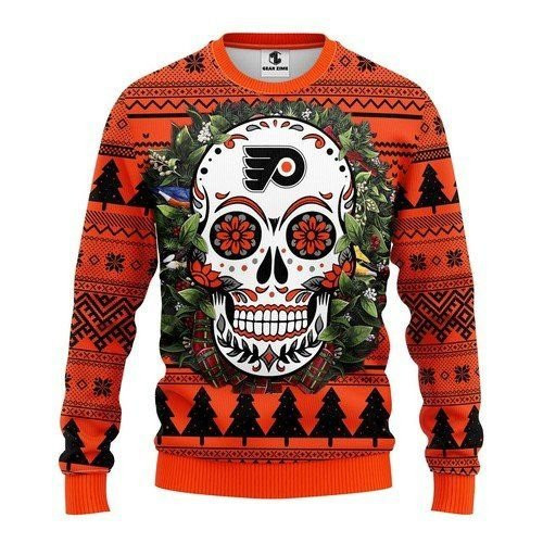 Philadelphia Flyers Skull Flower For Unisex Ugly Christmas Sweater, Perfect Holiday Gift