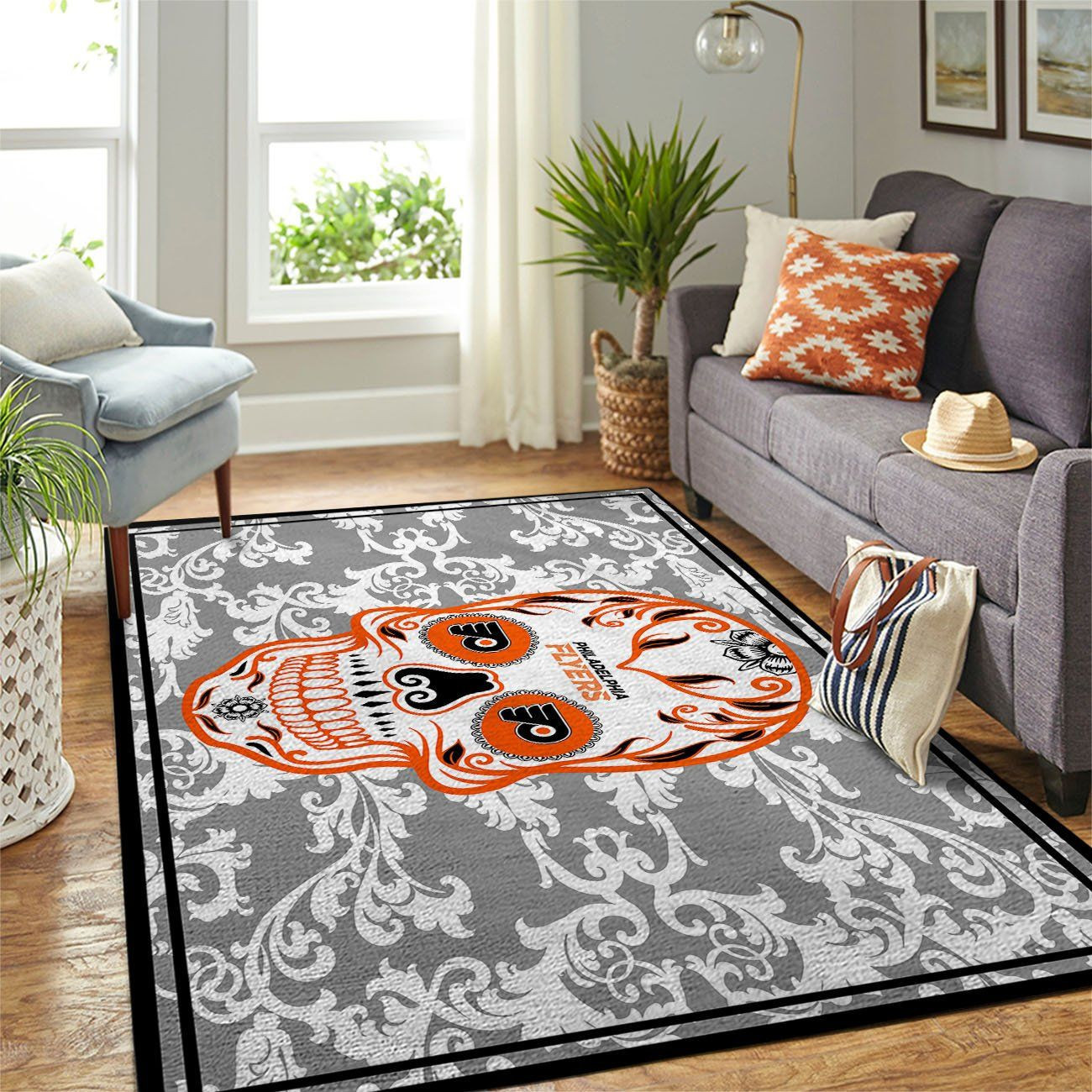 Philadelphia Flyers Team Logo Skull Flower Rectangle Area Rug – Full Print Carpet For Living Room & Bedroom Home Decor