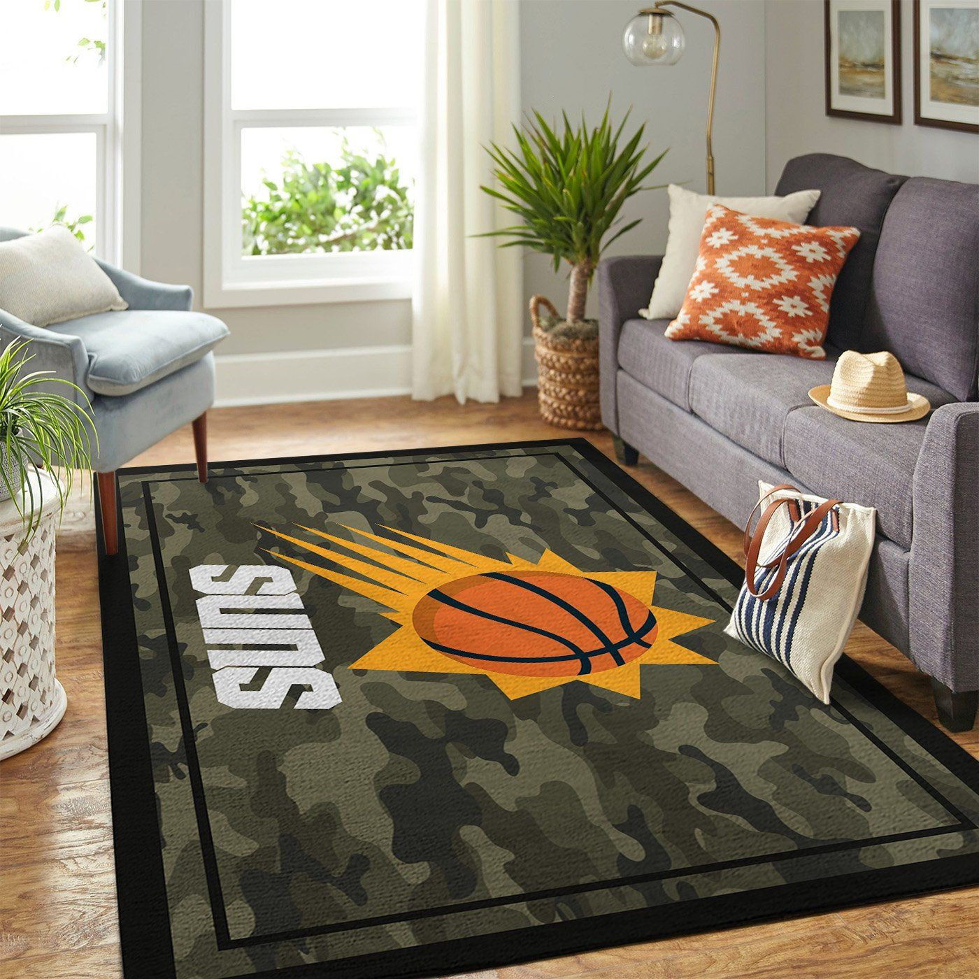 Phoenix Suns Team Logo Camo Rectangle Area Rug – Full Print Carpet For Living Room & Bedroom Home Decor