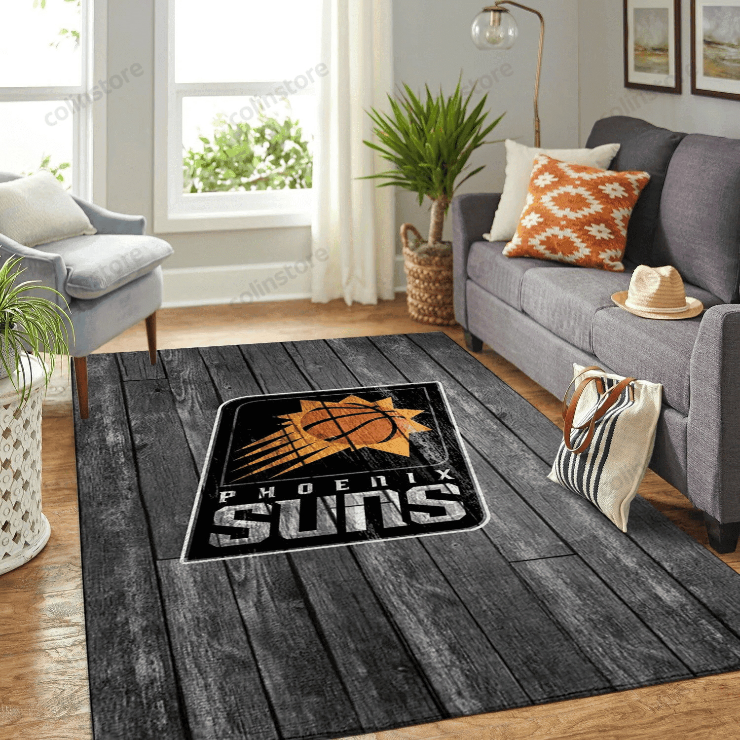 Phoenix Suns Team Logo Grey Wooden Rectangle Area Rug – Full Print Carpet For Living Room & Bedroom Home Decor