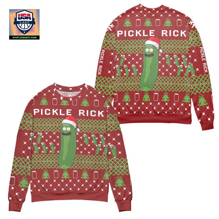 Pickle Rick and Morty Christmas Pine Tree Pattern Ugly Christmas Sweater Red