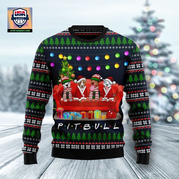 Pit Bull Friends On Red Sofa Ugly Christmas Sweater
