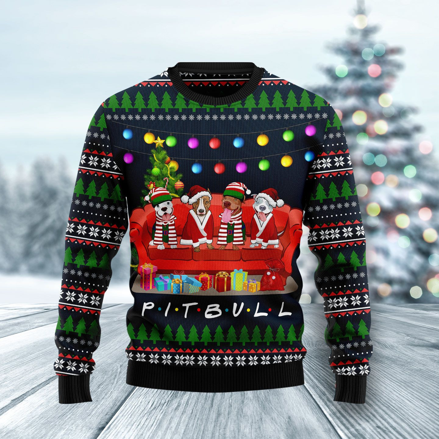 Pit Bull Friends On Red Sofa Ugly Christmas Sweater, Perfect Holiday Gift