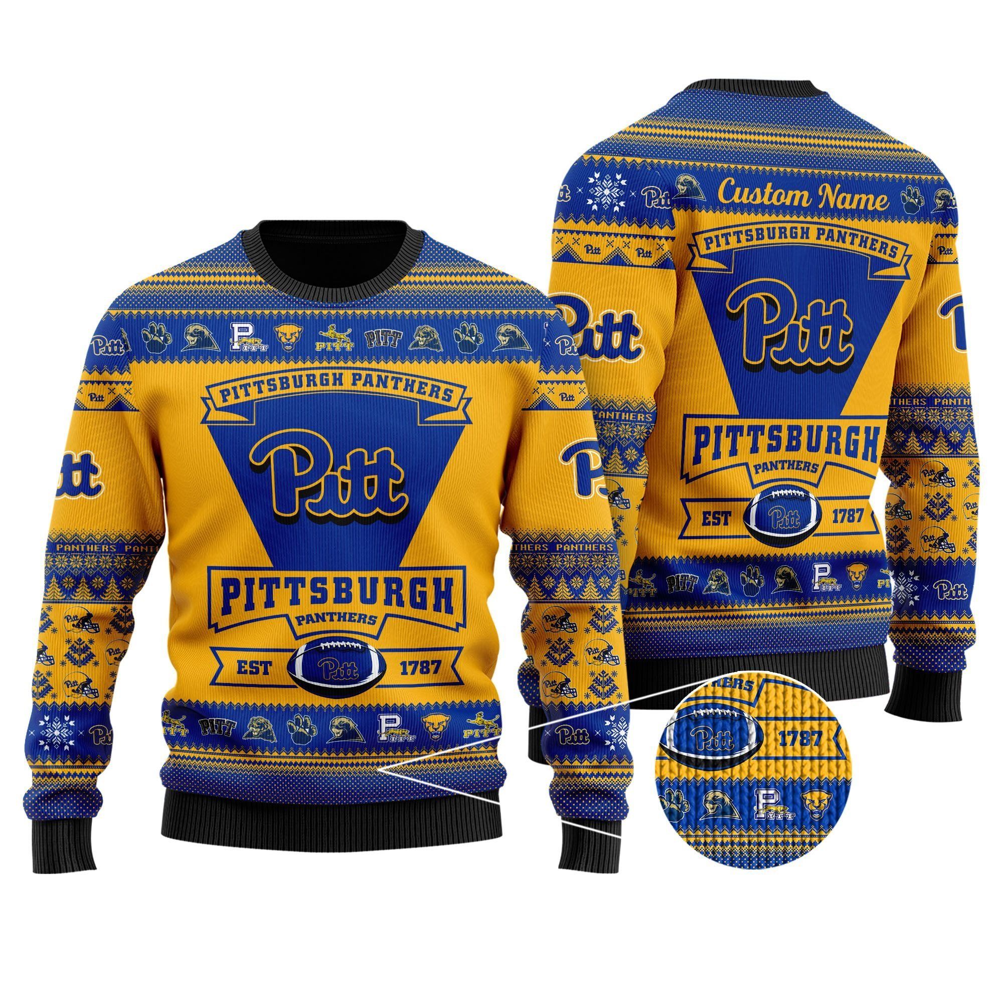 Pittsburgh Panthers Football Team Logo Custom Name Personalized Ugly Christmas Sweater Holiday Party Men Women Plus Size