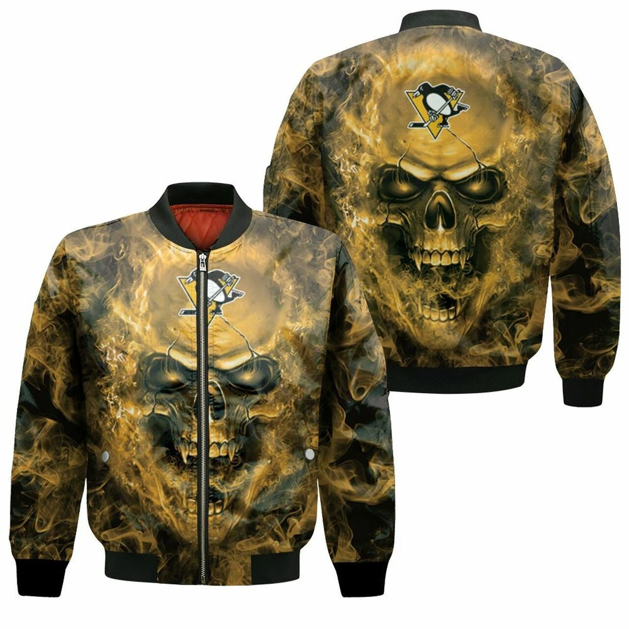 Pittsburgh Penguins Skull Bomber Jacket | NHL Team Jacket for Men & Women | Hockey Fan Gift