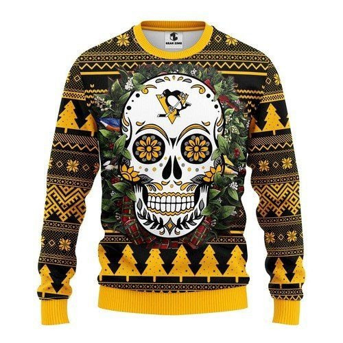 Pittsburgh Penguins Skull Flower For Unisex Ugly Christmas Sweater,