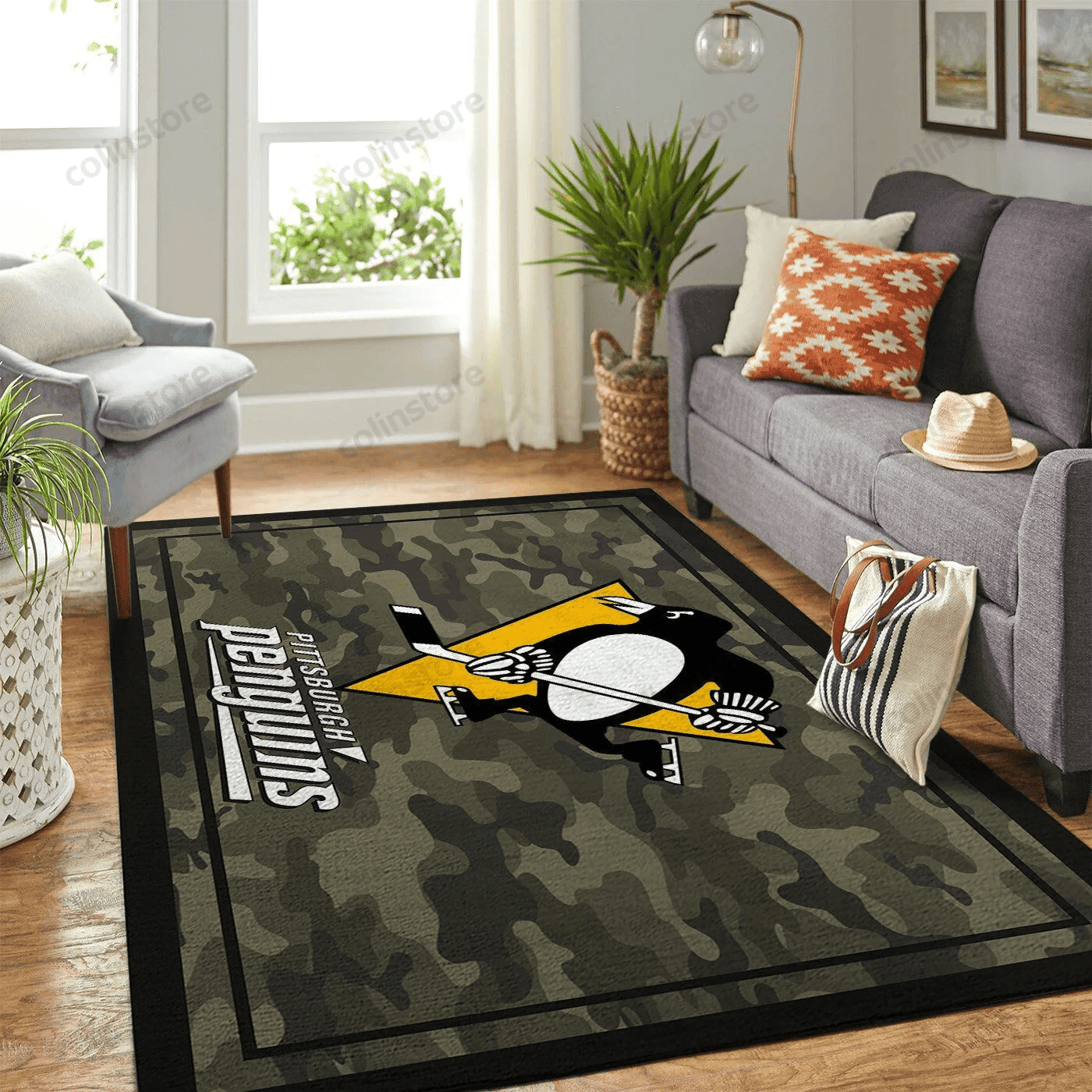 Pittsburgh Penguins Team Logo Camo Rectangle Area Rug – Full Print Carpet For Living Room & Bedroom Home Decor