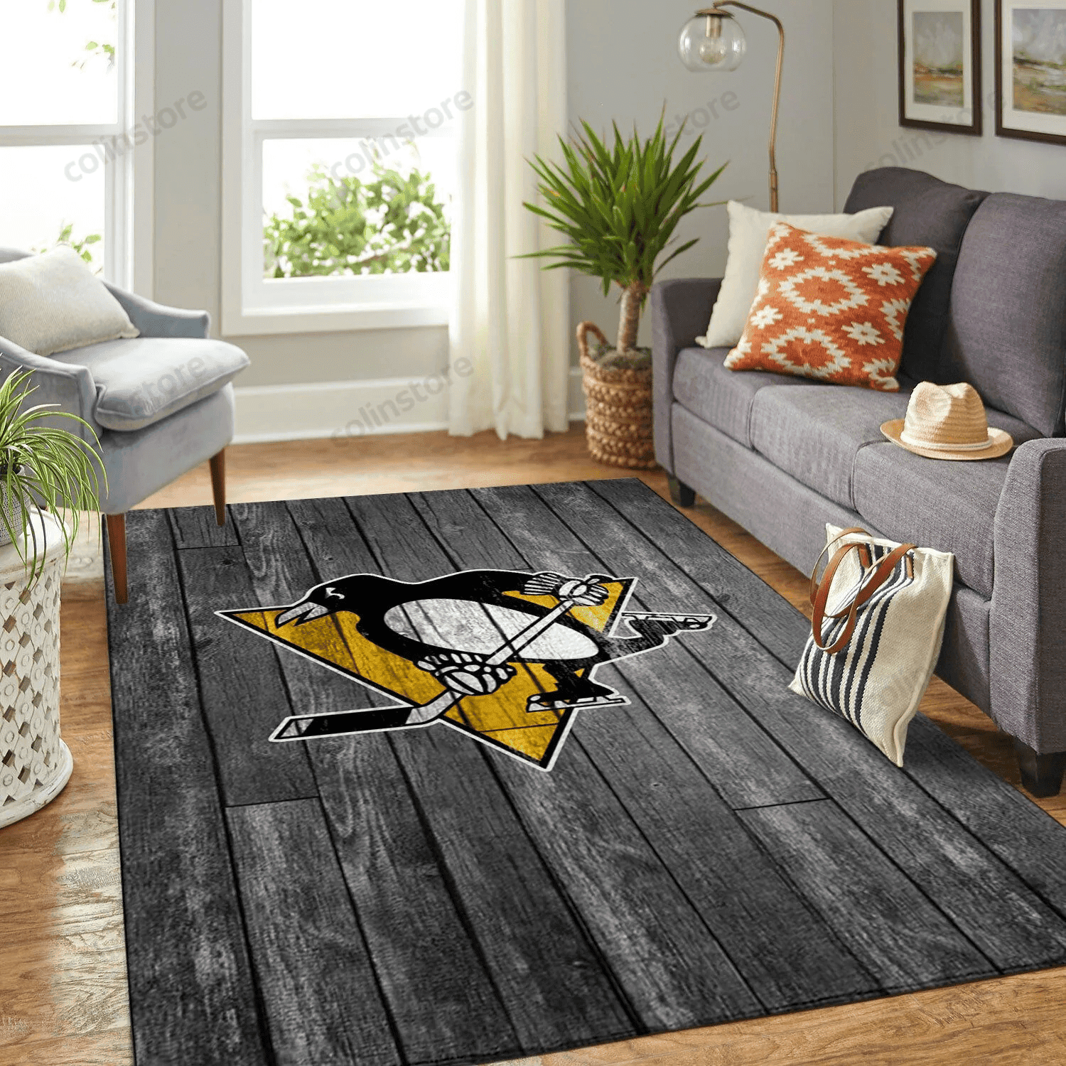Pittsburgh Penguins Team Logo Grey Wooden Rectangle Area Rug – Full Print Carpet For Living Room & Bedroom Home Decor