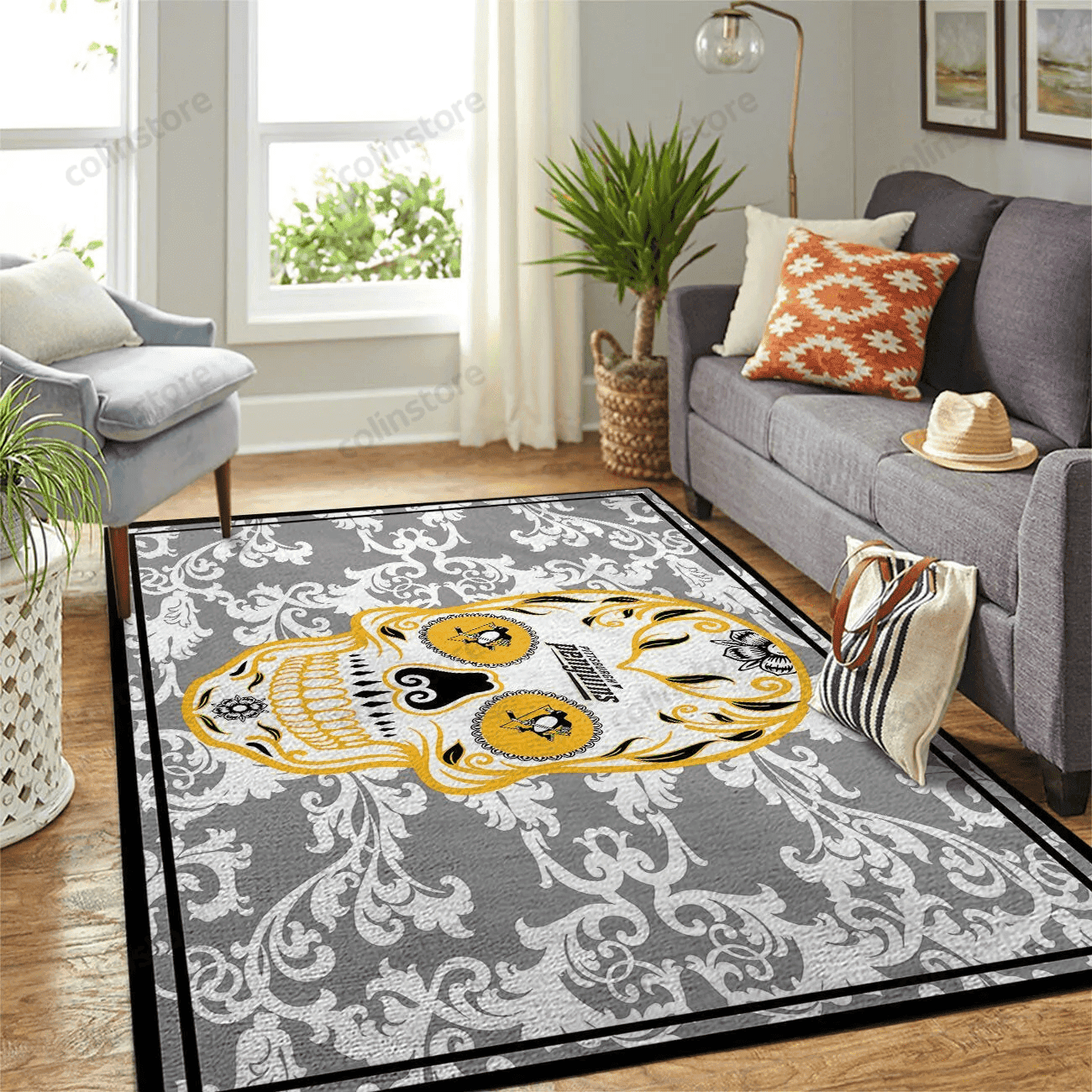 Pittsburgh Penguins Team Logo Skull Flower Rectangle Area Rug – Full Print Carpet For Living Room & Bedroom Home Decor