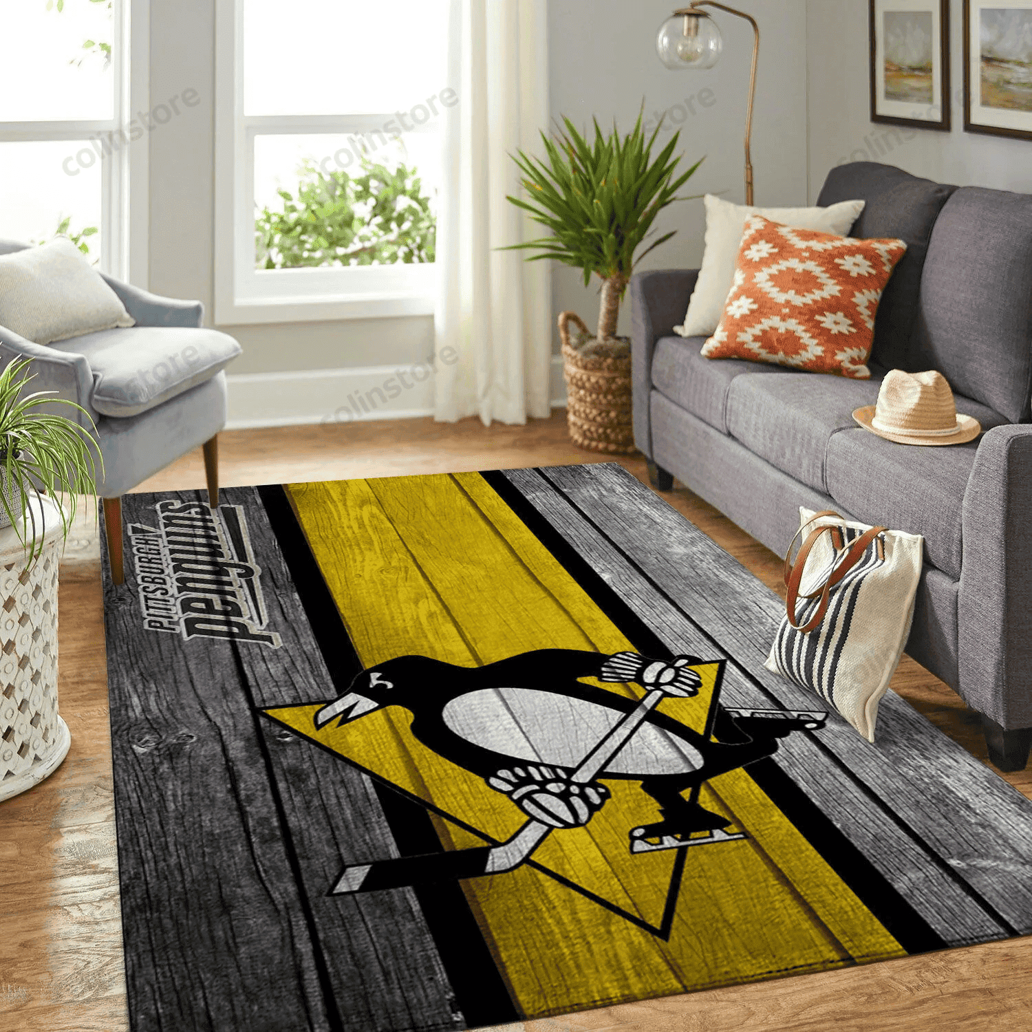 Pittsburgh Penguins Team Logo Wooden Rectangle Area Rug – Full Print Carpet For Living Room & Bedroom Home Decor