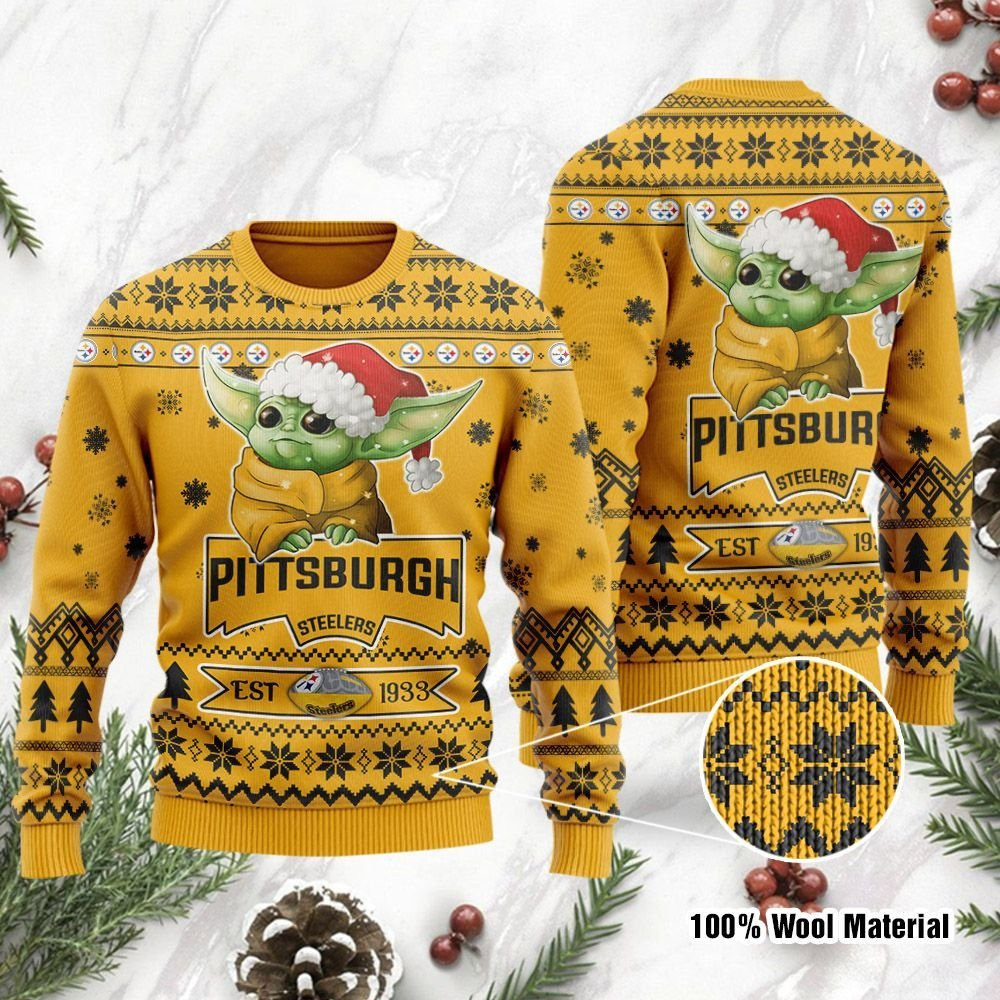 Pittsburgh Steelers Cute Baby Yoda Grogu Holiday Party Ugly Christmas Sweater, Perfect Holiday Gift