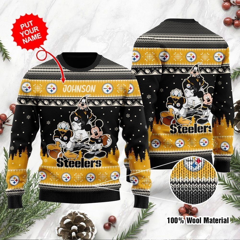 Pittsburgh Steelers Disney Donald Duck Mickey Mouse Goofy Custom Name Personalized Ugly Christmas Sweater Holiday Party For Men Women