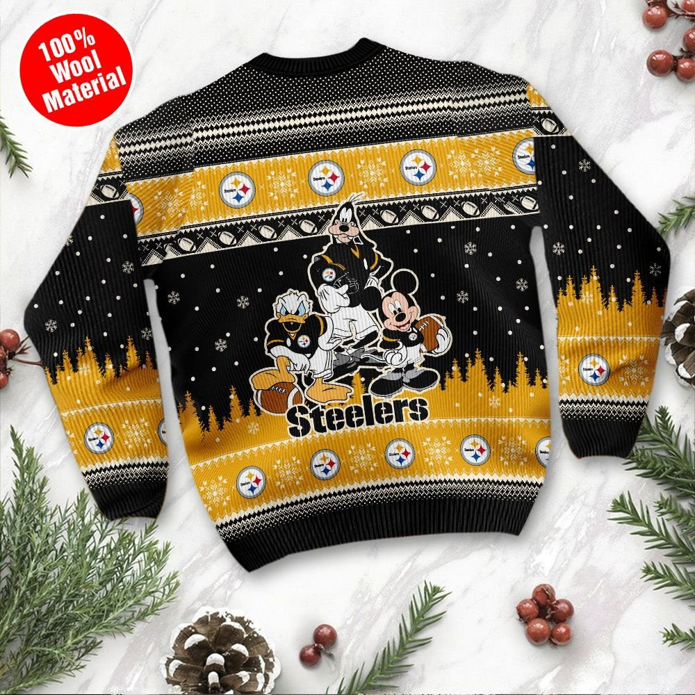 Pittsburgh Steelers Disney Donald Duck Mickey Mouse Goofy Personalized Ugly Christmas Sweater, Perfect Holiday Gift - Image 3