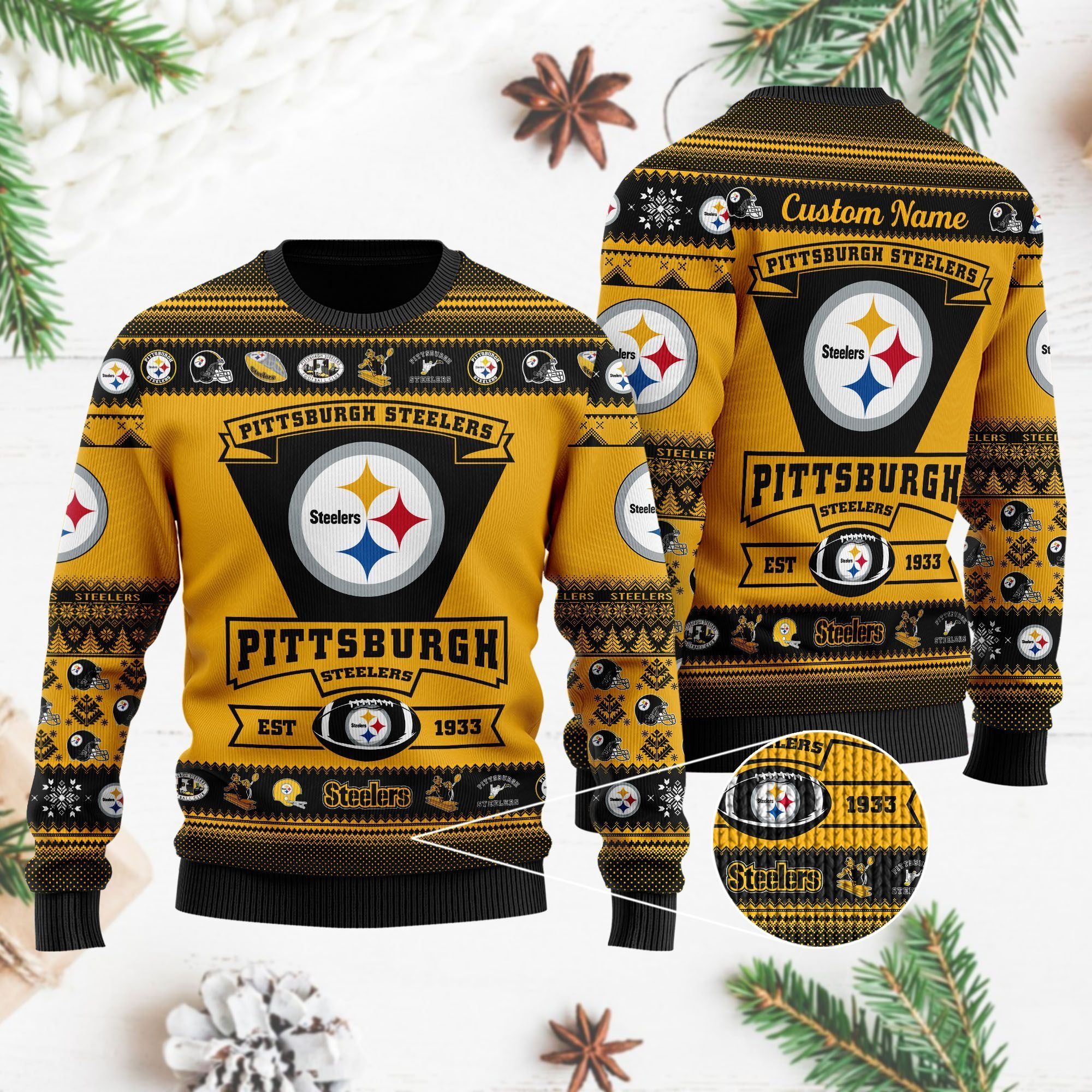 Pittsburgh Steelers Football Team Logo Custom Name Personalized Ugly Christmas Sweater Holiday Party Men Women Plus Size