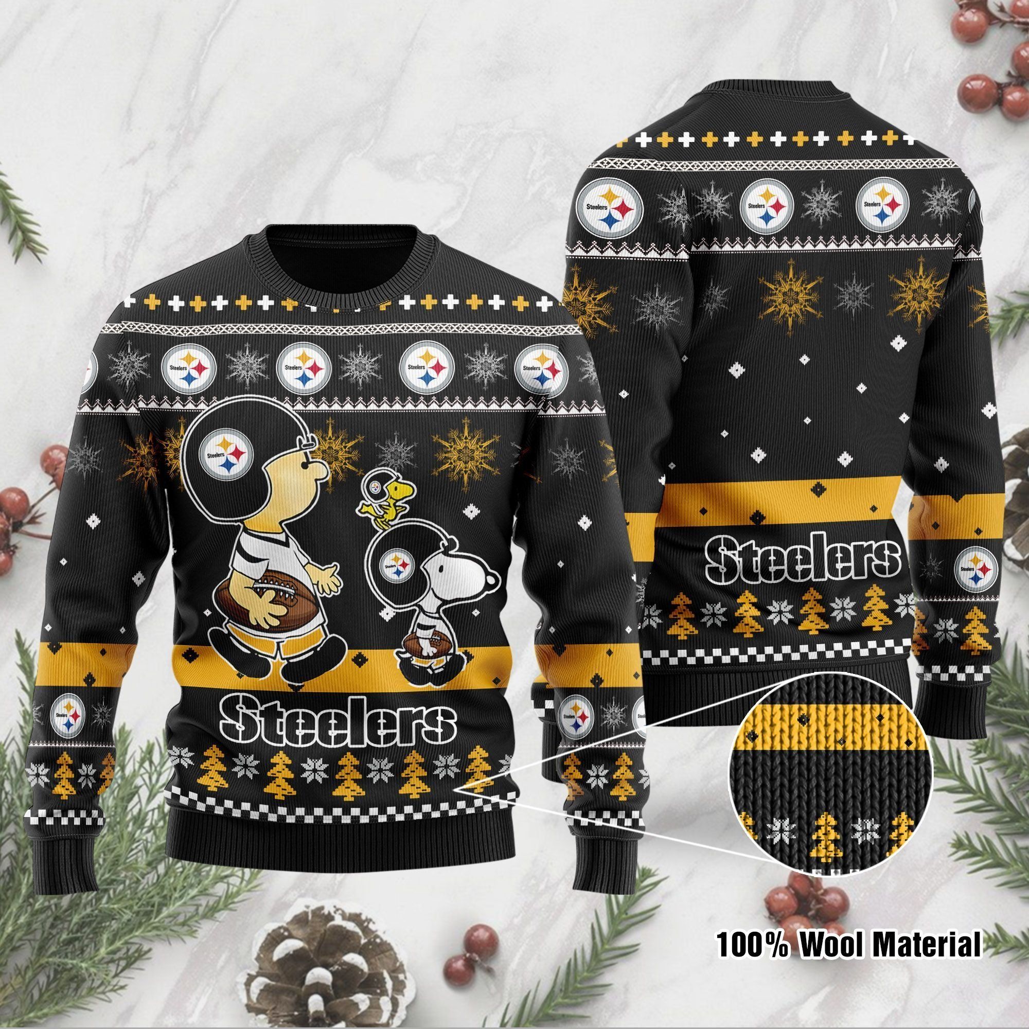 Pittsburgh Steelers Funny Charlie Brown Peanuts Snoopy Ugly Christmas Sweater Holiday Party Men Women Plus Size