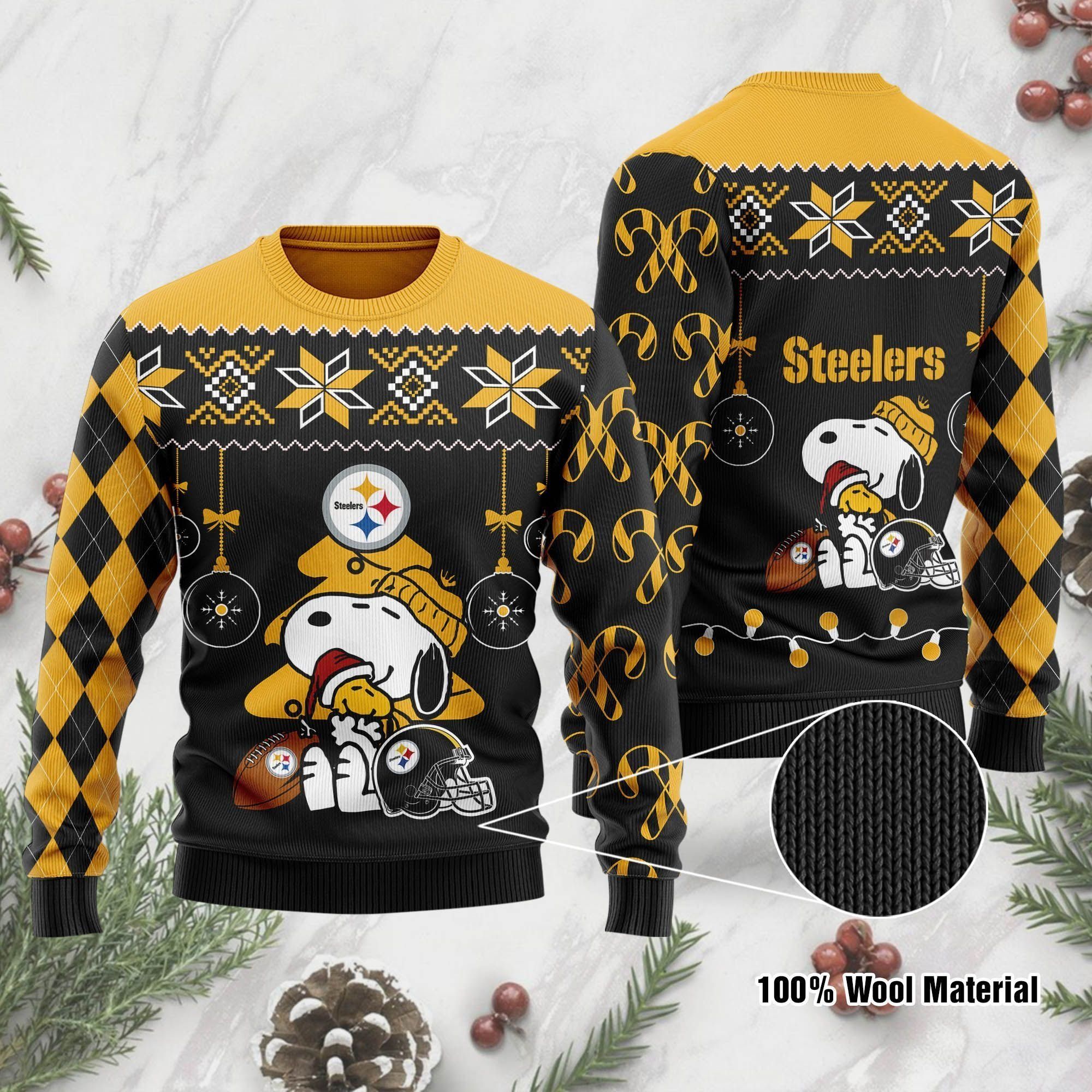 Pittsburgh Steelers Funny Charlie Brown Peanuts Snoopy Ugly Christmas Sweater Holiday Party Men Women Plus Size