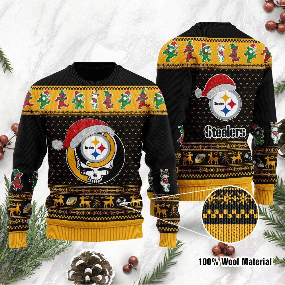 Pittsburgh Steelers Grateful Dead SKull And Bears Custom Name Ugly Christmas Sweater NFL Football Christmas