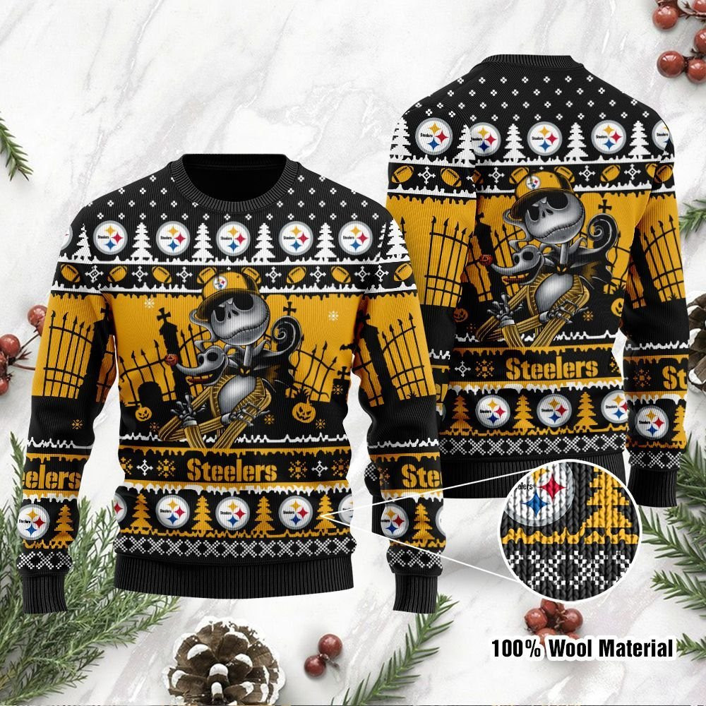 Pittsburgh Steelers Jack Skellington Halloween Holiday Party Ugly Christmas Sweater Perfect Holiday Gift