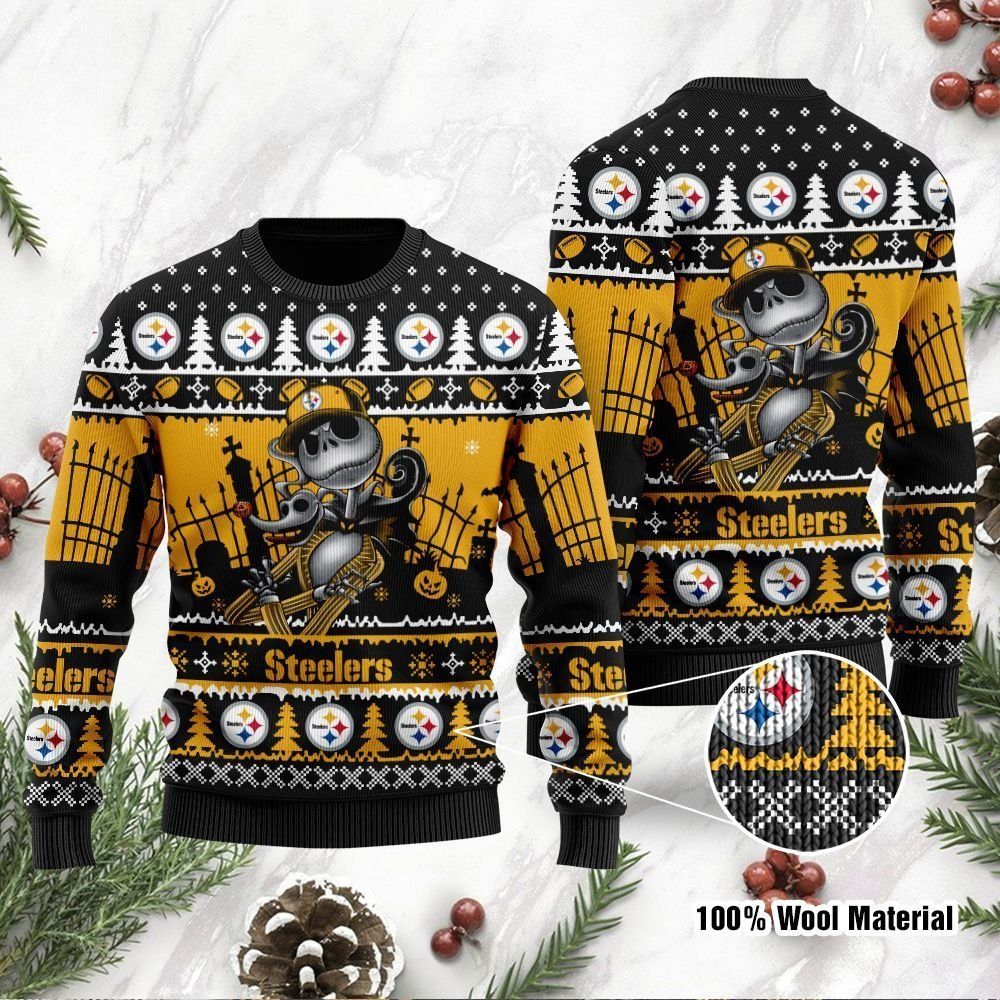 Pittsburgh Steelers Jack Skellington Halloween Ugly Christmas Sweater Holiday Party Men Women Full Plus Size