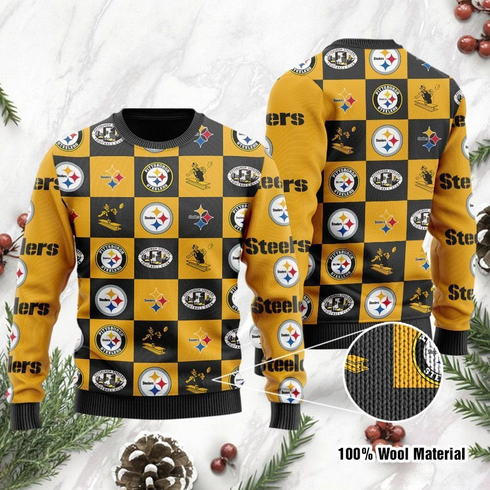 Pittsburgh Steelers Logo Checkered Flannel Design Ugly Christmas Sweater, Perfect Holiday Gift