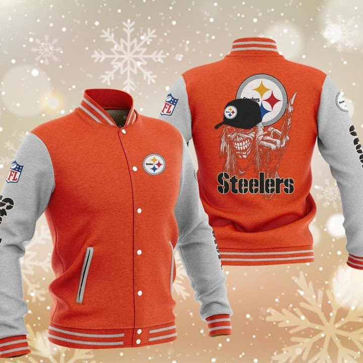 Pittsburgh Steelers Maiden Orange Grey Varsity Baseball Jacket for Men & Women | NFL Team Fan Gift