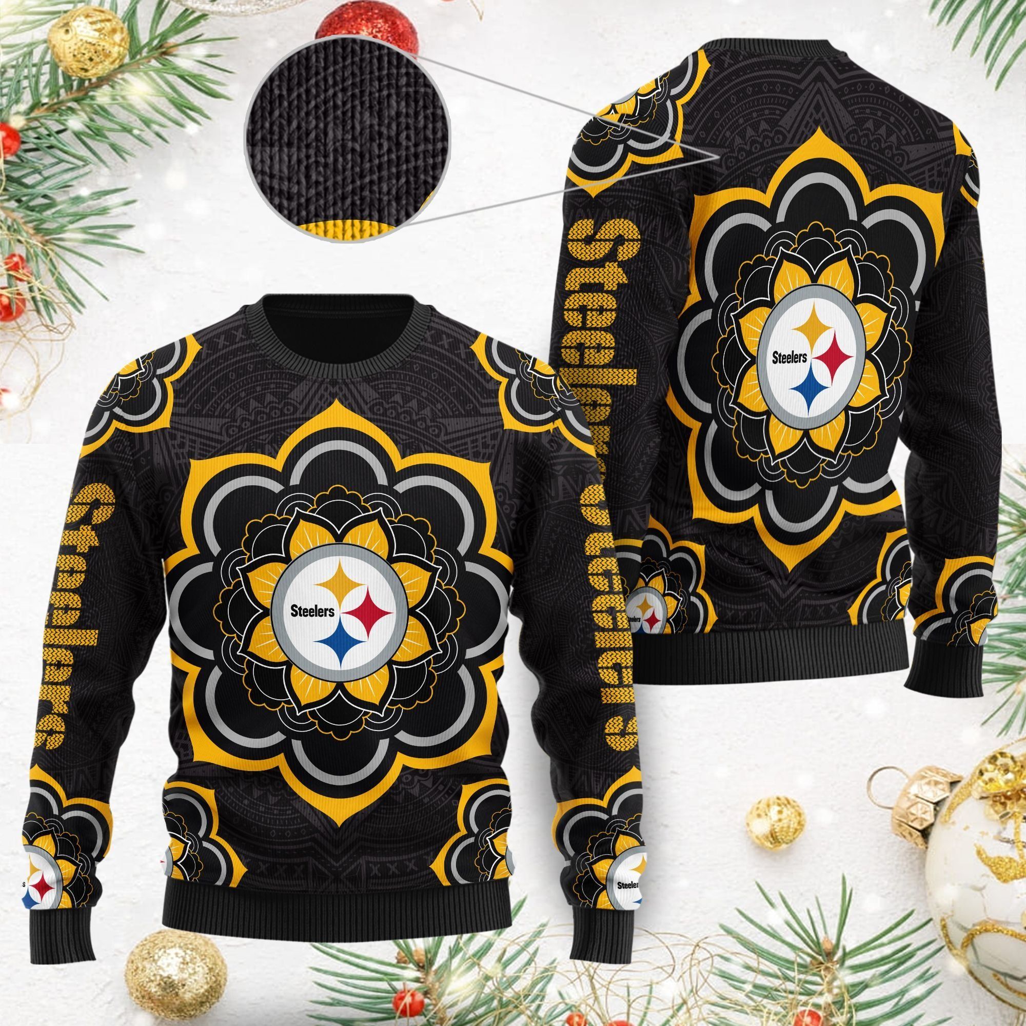 Pittsburgh Steelers Mandala Logo Ugly Christmas Sweater NFL Football Fans On Xmas
