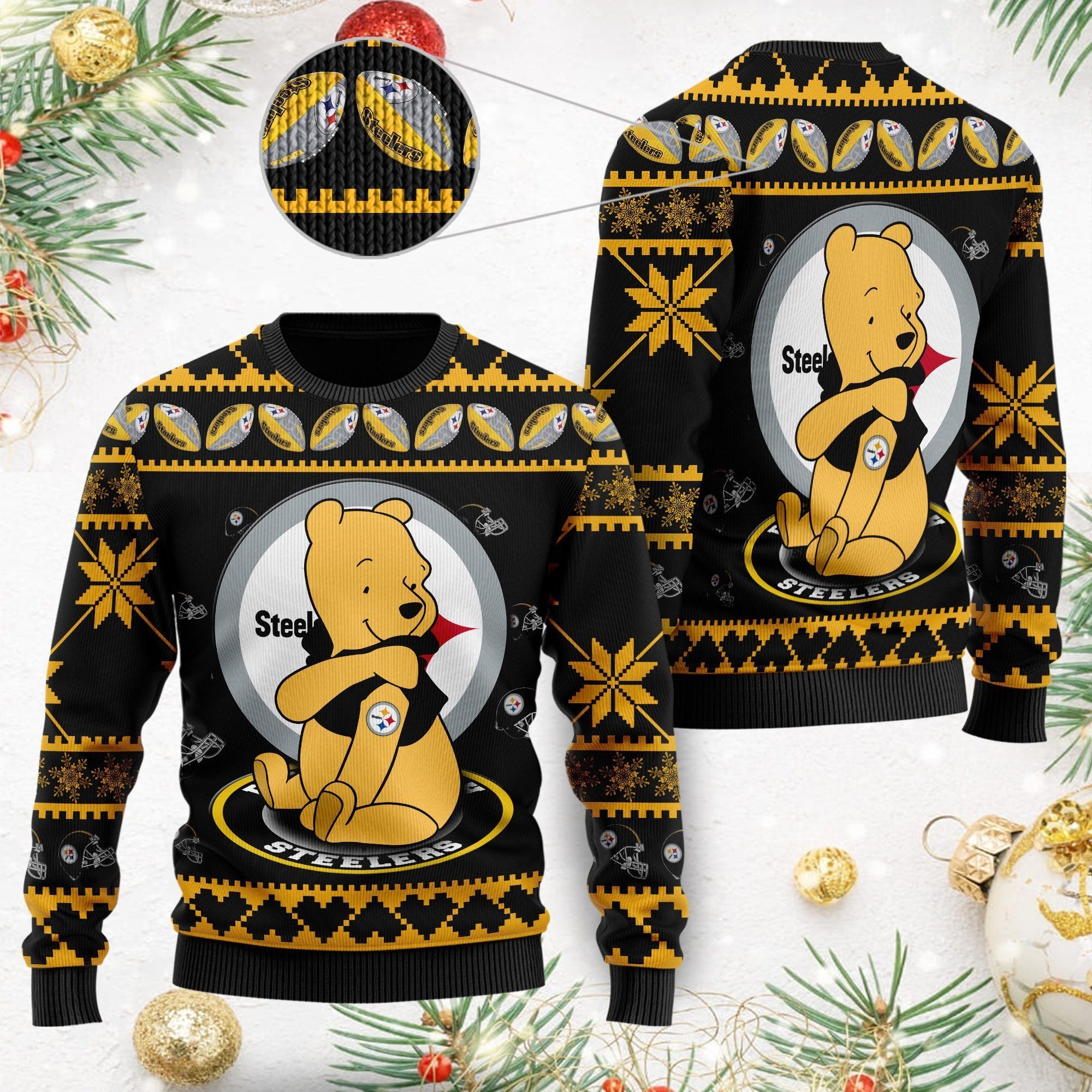 Pittsburgh Steelers NFL American Football Team Logo Cute Winnie The Pooh Bear 3D Ugly Christmas Sweater