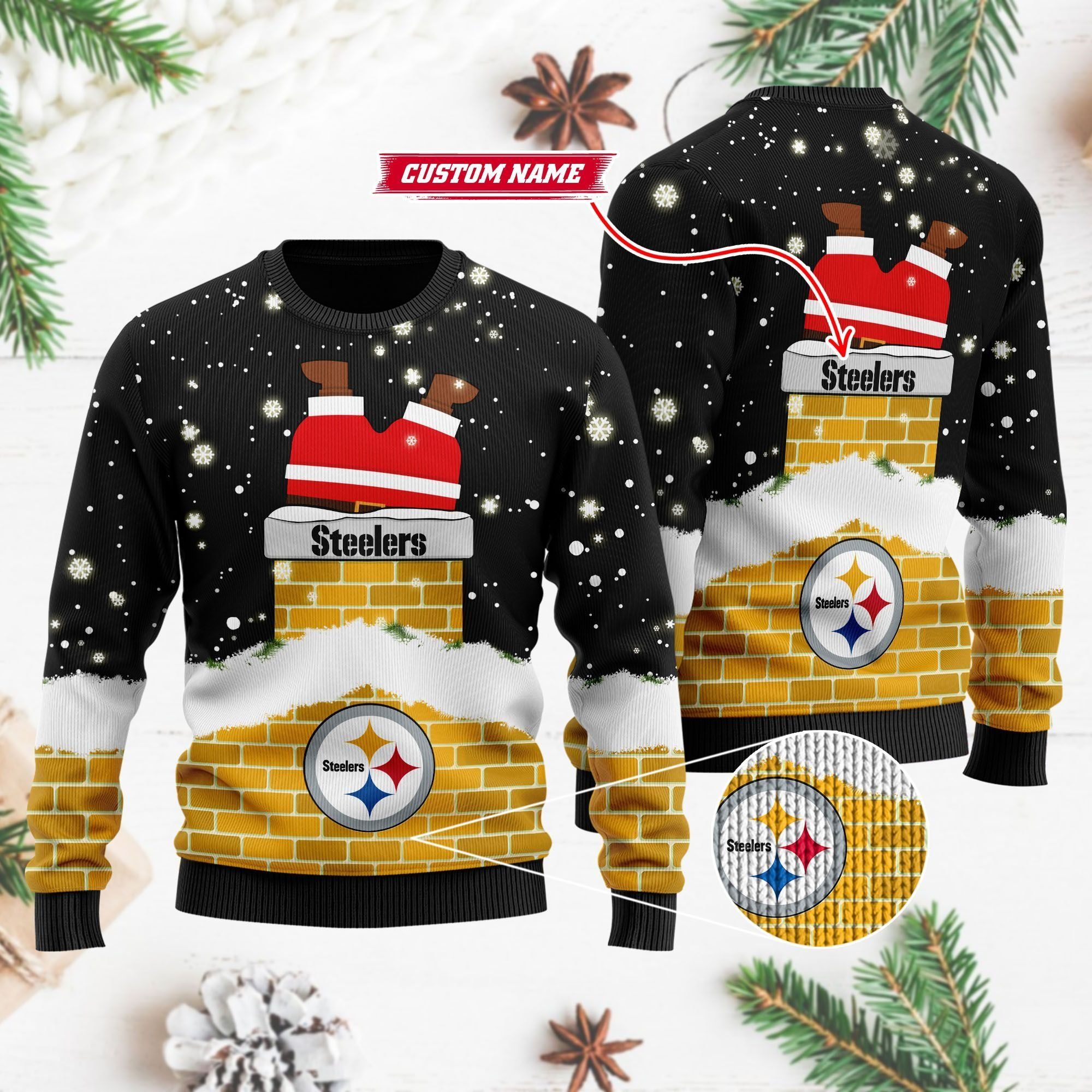 Pittsburgh Steelers NFL Football Team Logo Symbol Santa Claus Custom Name Personalized 3D Ugly Christmas Sweater