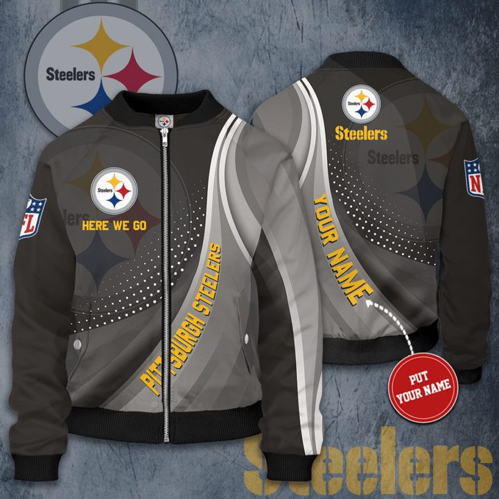 Pittsburgh Steelers Personalized Grey Here We Go Bomber Jacket | NFL Team Jacket for Men & Women | Football Fan Gift